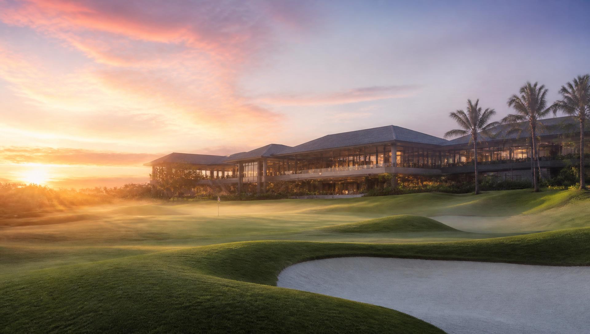 Manicured golf course and clubhouse at dawn in Malaysia